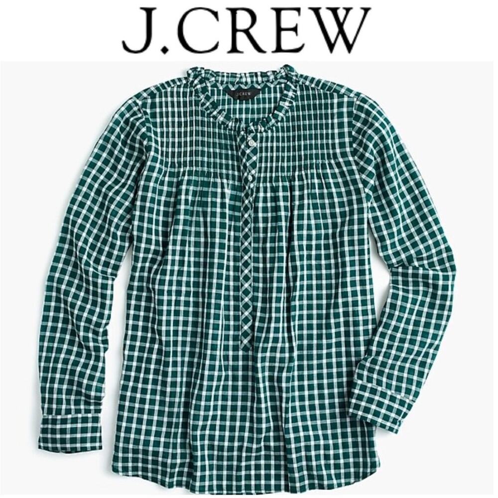 J.Crew Ruffle Collar Popover Shirt Green White Windowpane Plaid NWT 2 G9864